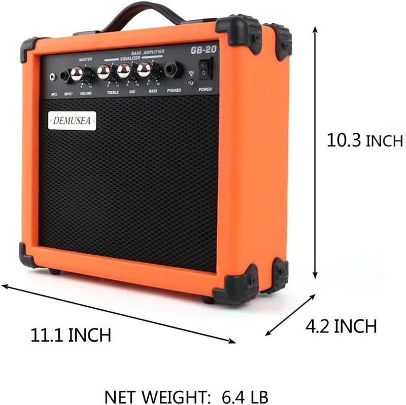 demusea 20W Watt Electric Orange Color Bass Guitar Amplifier Portable Travel Mini Practic Amp Headphone Jack Aux Treble Middle Bass MP3 with Cable Adapter Guitar Picks in - Image 2